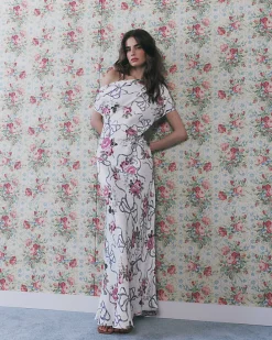 Cream Floral Asymmetric Neck Maxi Slip Dress