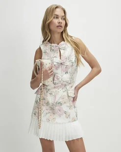 Cream Floral Bow Front Boucle Dress