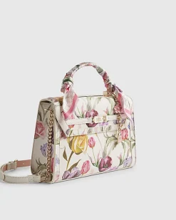 Cream Floral Charm Tote Bag