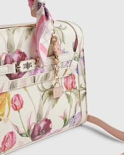 Cream Floral Charm Tote Bag