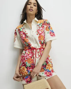 Cream Floral Collared Playsuit