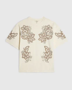 Cream Floral Embroidered Beaded T-Shirt