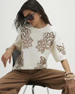 Cream Floral Embroidered Beaded T-Shirt