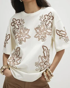 Cream Floral Embroidered Beaded T-Shirt