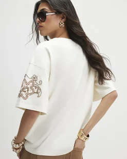 Cream Floral Embroidered Beaded T-Shirt