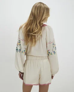 Cream Floral Embroidered Shorts
