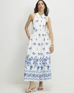 Cream Floral Halter Neck Maxi Shirt Dress
