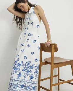 Cream Floral Halter Neck Maxi Shirt Dress