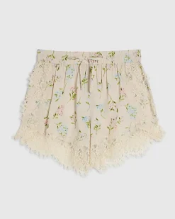 Cream Floral Lace Trim Shorts