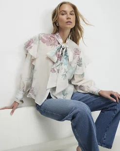 Cream Floral Pussybow Blouse