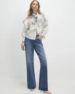Cream Floral Pussybow Blouse