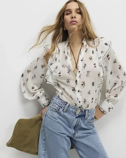 Cream Floral Ruffle Detail Blouse