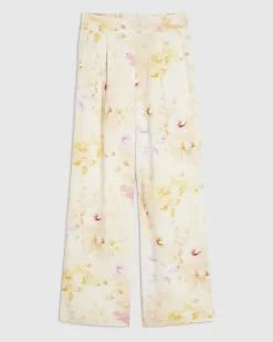 Cream Floral Scallop Trim Wide Leg Trousers