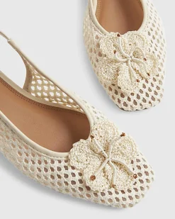Cream Flower Crochet Flat Slingback Shoes