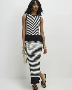 Cream Fringed Hem Stripe Midi Skirt