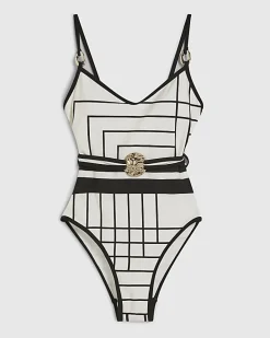 Cream Geometric Stripe Swimsuit