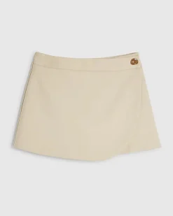 Cream Herringbone Button Detail Wrap Skort