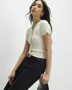 Cream Knitted Frill Trim Ribbed Top
