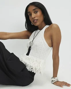 Cream Knitted Fringe Trim Vest Top
