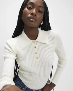 Cream Knitted Long Sleeve Polo Top