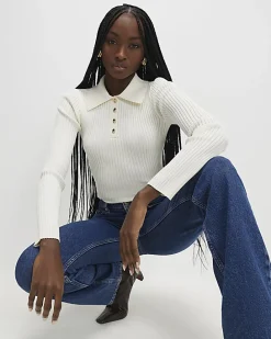 Cream Knitted Long Sleeve Polo Top