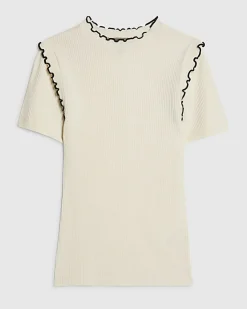 Cream Knitted Short Sleeve Frill Top