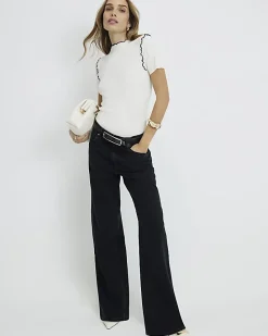 Cream Knitted Short Sleeve Frill Top