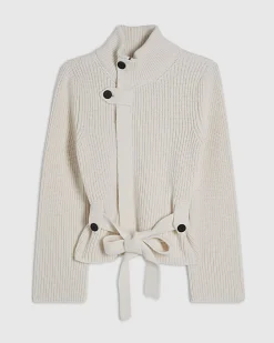 Cream Knitted Tie Waist Ribbed Cardigan