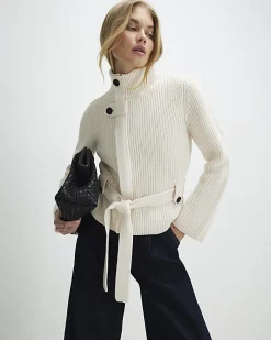 Cream Knitted Tie Waist Ribbed Cardigan