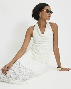 Cream Lace Halter Cowl Neck Top