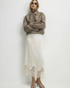 Cream Lace Satin Midi Skirt
