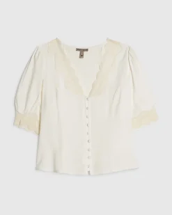 Cream Lace Trim Short Sleeve Blouse