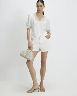 Cream Lace Trim Short Sleeve Blouse