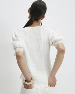 Cream Lace Trim Short Sleeve Blouse