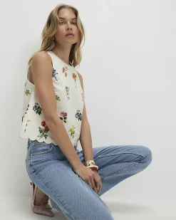 Cream Linen Blend Floral Print Tank Top