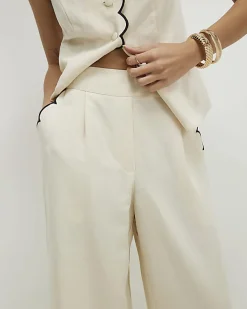 Cream Linen Blend Scallop Wide Leg Trousers