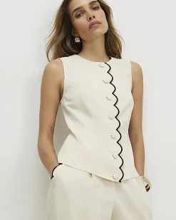 Cream Linen Blend Scallop Trim Waistcoat