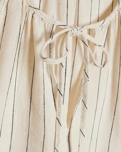 Cream Linen Blend Striped Tie Neck Top
