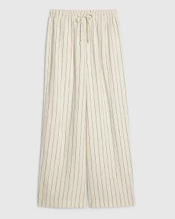 Cream Linen Blend Striped Drawstring Trousers