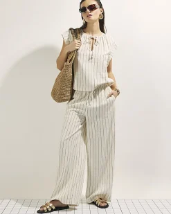 Cream Linen Blend Striped Drawstring Trousers
