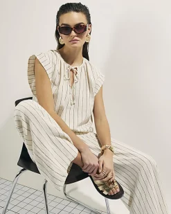 Cream Linen Blend Striped Drawstring Trousers