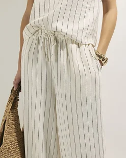 Cream Linen Blend Striped Drawstring Trousers
