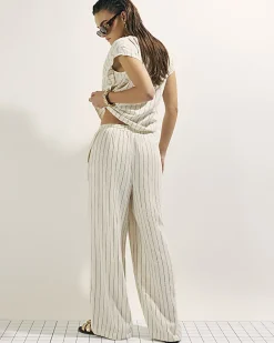 Cream Linen Blend Striped Drawstring Trousers