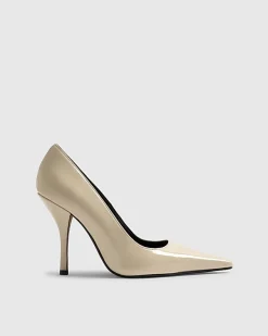 Cream Long Chisel Toe Patent Court Heels