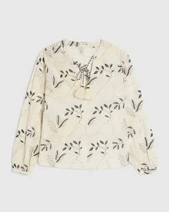 Cream Long Sleeve Embroidered Blouse