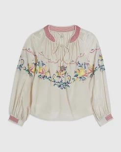 Cream Long Sleeve Embroidered Blouse
