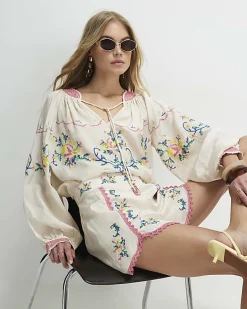 Cream Long Sleeve Embroidered Blouse