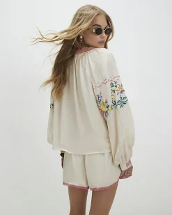 Cream Long Sleeve Embroidered Blouse