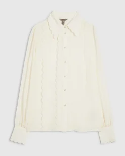Cream Long Sleeve Scallop Trim Shirt