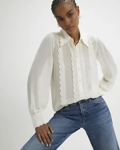 Cream Long Sleeve Scallop Trim Shirt